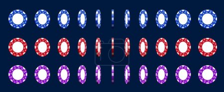Illustration for Casino poker chips animated rotation. Vector sequence frame of rotating round blue, red and purple gambling game 3d pieces. Sprite sheet animation of spinning chips for online animation - Royalty Free Image