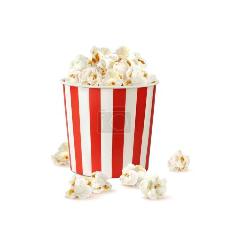 Popcorn-Eimer, realistischer Popcorn-Behälter mit Vektorkino oder Kino-Snack. 3D-Schachtel, Beutel oder Becher Verpackung aus weiß und rot gestreiftem Papier mit Mais- und Maiskörnern