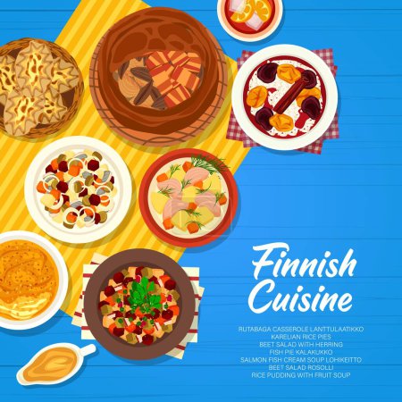Illustration for Finnish cuisine food menu page cover design. Rice pudding with fruit soup, Rosolli and beet salad with herring, fish pie Kalakukko and Lanttulaatikko, Karelian pies, salmon cream soup Lohikeitto - Royalty Free Image