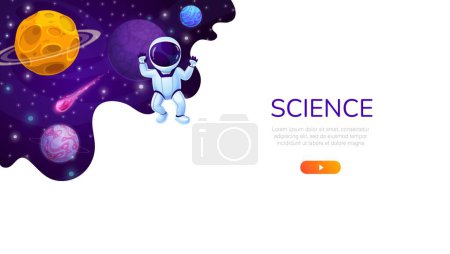 Illustration for Landing page space. Cartoon galaxy planets and astronaut in outer space vector website background of business startup landing page. Project or product launch web page template with fantasy universe - Royalty Free Image
