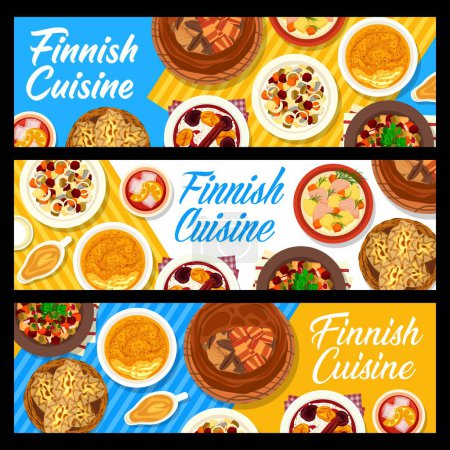 Illustration for Finnish cuisine restaurant food banners. Rice pudding with fruit soup, beet salad with herring and rutabaga casserole Lanttulaatikko, soup Lohikeitto, pie Kalakukko and salad Rosolli, Karelian pies - Royalty Free Image