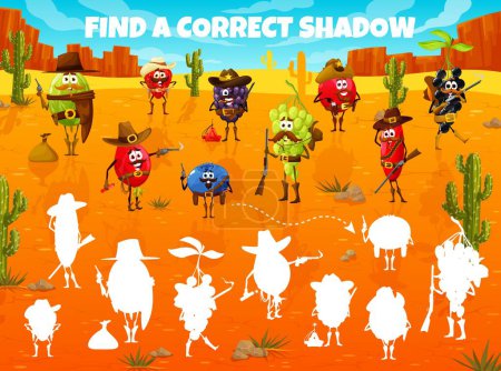 Illustration for Find correct shadow, cartoon Wild West berry ranger, cowboy and bandit characters, vector quiz. Shadow matching puzzle game with blackberry sheriff, blueberry cowboy and strawberry bandit with gun - Royalty Free Image