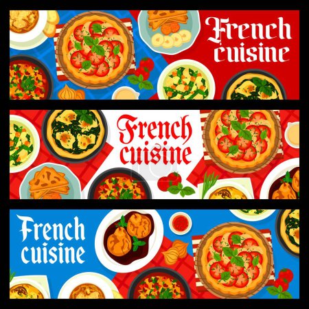 Illustration for French cuisine food banners. Spinach quiche, onion soup and poached pears in red wine, tomato spinach quiche, mushroom gratin and vegetable soup, vegetable stew ratatouille, banana French toasts - Royalty Free Image