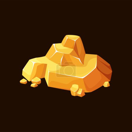Illustration for Golden nuggets or gold ore bullions for mining game asset, vector cartoon icon. Gold mine ore of stone piles and goldmine rocks, gold rush treasure of golden nugget bars - Royalty Free Image