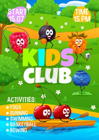 Illustration for Kids club flyer. Summer vacation with cartoon berry characters. Child summer camp, sport club vector poster with funny strawberry, currant and blueberry, cherry playing ball, doing yoga, kayaking - Royalty Free Image