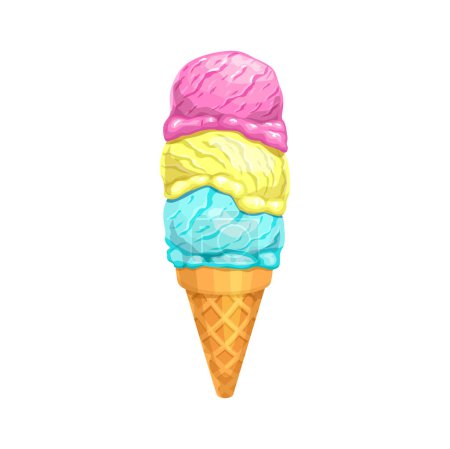 Illustration for Cartoon ice cream cone with three scoops, vector food and summer dessert. Triple scoop ice cream, gelato or frozen yogurt with strawberry, vanilla and mint flavors in sugar waffle cone - Royalty Free Image