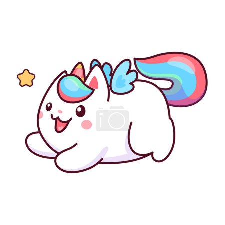 Illustration for Cute caticorn character of vector cartoon unicorn cat animal. Funny cat, kitty or kitten personage with rainbow tail, unicorn horn and mane, angel wings and star. Fairy caticorn, cute kawaii face - Royalty Free Image