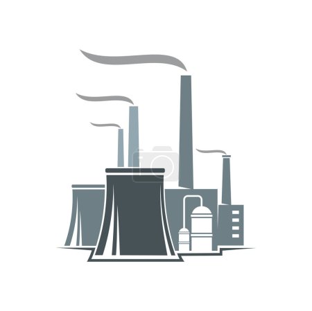 Illustration for Factory icon, power plant building, engineering and energy industry vector business sign. Chemical manufacture or industrial factory with chimney pipe and smoke, oil and gas technology company symbol - Royalty Free Image