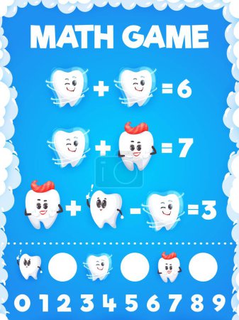 Illustration for Cartoon tooth characters math game worksheet. Vector educational mathematics maze with health teeth with toothpaste. Addition and subtraction calculation test for kids with funny dentistry personages - Royalty Free Image