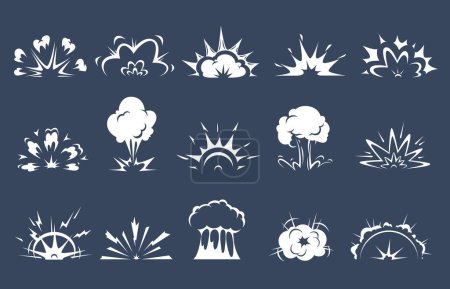 Illustration for Cartoon bomb explosion, comic clouds and boom blast smokes, vector game effects. Bomb explode and fire blast cloud animation icons, energy explosion flashes and boom bang comic blasts - Royalty Free Image