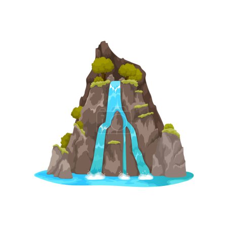 Illustration for Cartoon waterfall and water cascade, nature landscape of falling water from mountain, isolated vector. Waterfall cascade from river on hill or aqua stream from island rock to tropical forest lake - Royalty Free Image