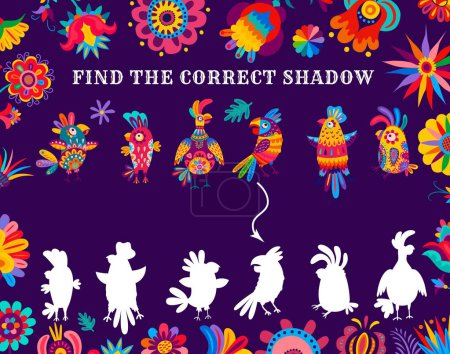 Illustration for Find the correct shadow of brazilian parrots kids game. Shadow match vector riddle worksheet with tropical birds in traditional alebrije style. Search suitable silhouette of parrot children logic task - Royalty Free Image