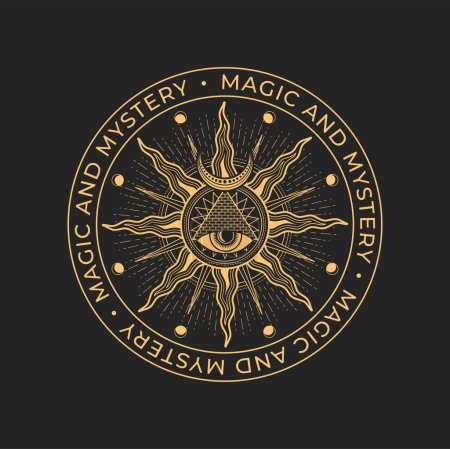 Illustration for Magic and occult, mason alchemy icon. All seeing eye, pyramid and sun magic tattoo or vector emblem. Occultism spiritual or religion sign, tarot symbol. Occult seal, mason esoteric circle icon - Royalty Free Image