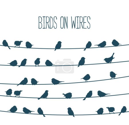 Illustration for Sparrow birds flock on power line wires, vector sky silhouette background. Black birds flying and sitting on electric cables of power line, sparrows or bullfinches in group row on electricity wires - Royalty Free Image
