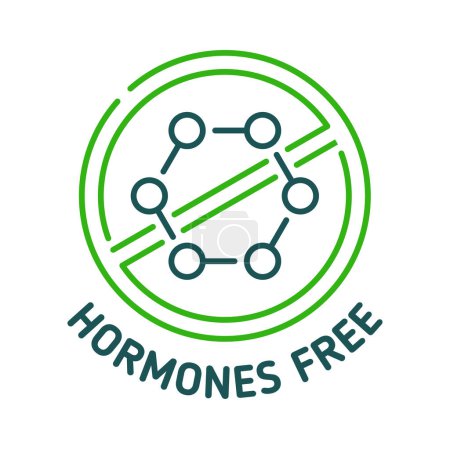 Illustration for Hormones free icon of vector organic farm and agriculture products. Green prohibition sign with hormone molecule, isolated label or tag for healthy food, diet nutrition, natural chicken or cattle meat - Royalty Free Image