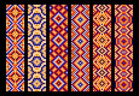 Illustration for Ethnic Mexican pixel patterns, Mexico mosaic ornament background, vector geometric motif. Mosaic tiles, embroidery or embellishment pattern with Mexican ethnic ornament or boho and patchwork craft - Royalty Free Image