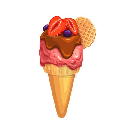 Illustration for Cartoon ice cream cone, gelato or frozen yogurt, vector dessert food. Melted strawberry soft serve ice cream with chocolate sauce and berries in sugar waffle cone, fruit flavored sundae dessert - Royalty Free Image