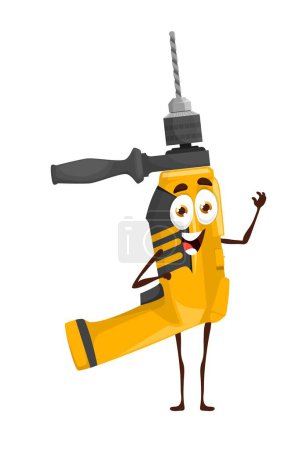 Illustration for Cartoon drill tool character, carpentry and construction equipment item, vector DIY instrument. Funny yellow drill with face, cartoon personage for carpentry repair or house renovation tool character - Royalty Free Image