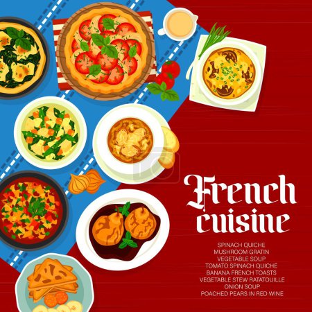Illustration for French cuisine menu cover design. Vegetable stew ratatouille, banana French toasts and vegetable soup, spinach quiche, poached pears in red wine and mushroom gratin, onion soup, tomato spinach quiche - Royalty Free Image