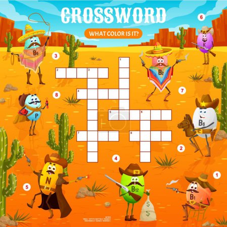 Illustration for Western crossword grid quiz game. Cartoon vitamin cowboy, sheriff and bandits characters. Vector worksheet, word quiz task with nutrient capsules B1, B2, B6 and B12, N, P or K wild west personages - Royalty Free Image
