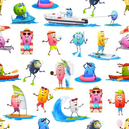 Illustration for Cartoon vitamin characters on summer vacation seamless pattern. Textile background or vector print with surfing, diving and swimming A, B, C, D vitamins, nutrition supplements pills cute personages - Royalty Free Image