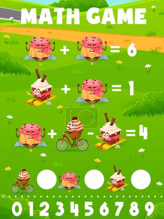 Illustration for Cartoon dessert, cake and pancake characters math game worksheet. Vector arithmetic learning task, mathematics riddle for children education with funny pastry sweets personages summertime activities - Royalty Free Image