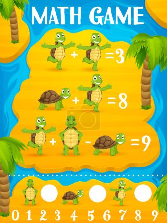 Téléchargez les illustrations : Feuille de calcul du jeu de mathématiques personnages de tortues de dessin animé sur l'île tropicale. Vector Mathématiques énigme pour l'éducation des enfants et l'apprentissage des équations arithmétiques avec des reptiles drôles. Casse-tête préscolaire - en licence libre de droit