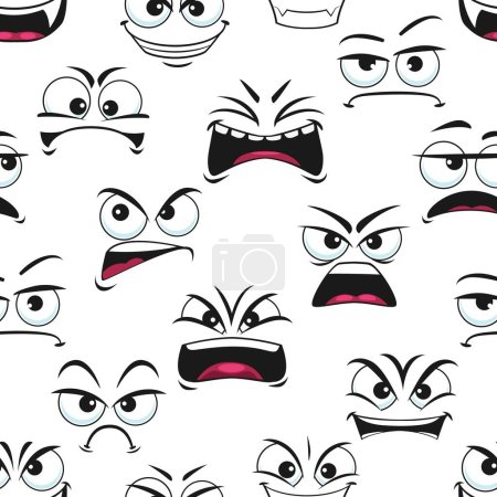 Illustration for Cartoon angry and sad faces seamless pattern. Vector background with grumble negative emoji, grouse characters with evil eyes and yelling mouth. Griper unhappy facial expression, growl comic personage - Royalty Free Image