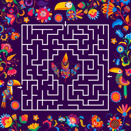 Téléchargez les illustrations : Labyrinthe labyrinthe jeu de labyrinthe, aider toucan à trouver plume, feuille de calcul vectoriel quiz enfants. Trouvez un moyen puzzle avec toucan oiseau et fleurs tropicales, labyrinthe échapper ou chemin de recherche et de sortir labyrinthe d'énigmes - en licence libre de droit