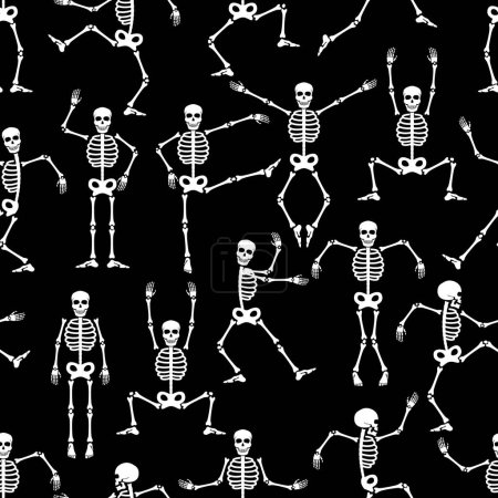 Téléchargez les illustrations : Squelette danse modèle sans couture. Fête d'Halloween ou Jour du fond de vacances mort avec squelette humain effrayant sautant. Fantômes de danse d'horreur, papier d'emballage drôle de crâne, fond sans couture vectoriel - en licence libre de droit