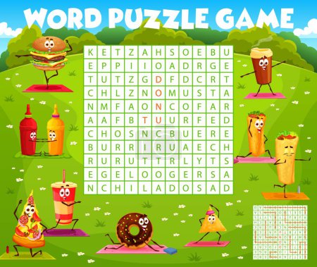Photo for Word search puzzle quiz game, cartoon fast food yoga characters, vector worksheet. Cheeseburger, burrito and enchilada with pizza and donut on fitness sport in kids word search game grid - Royalty Free Image