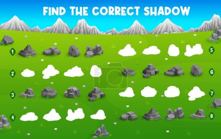 Illustration for Find correct shadow, grey rock stones on mountain landscape, vector game worksheet. Kids quiz puzzle to find and match suitable shadow of stone rocks or boulder blocks and pebbles - Royalty Free Image