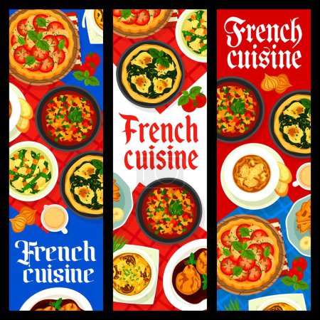Illustration for French cuisine restaurant meals banners. Poached pears, vegetable stew ratatouille and tomato spinach quiche, spinach quiche, banana French toasts and vegetable soup, onion soup, mushroom gratin - Royalty Free Image