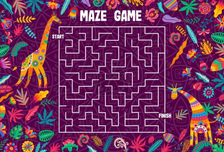 Illustration for Labyrinth maze game help to giraffe to find his friend. Kids vector boardgame worksheet with cartoon funny african animals trying to search correct pathway. Puzzle with tangled path, start and finish - Royalty Free Image