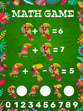 Illustration for Math game worksheet, Mexican and Brazilian toucans in tropical jungles, vector puzzle. Mathematics education activity for school kids, numbers count task and calculation skills in math game quiz - Royalty Free Image