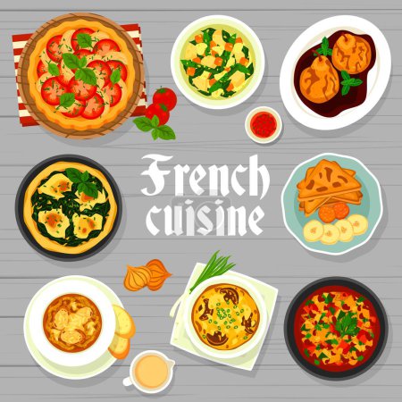 Illustration for French cuisine menu cover page. Vegetable soup, spinach quiche and banana French toasts, mushroom gratin, vegetable stew ratatouille and poached pears in red wine, tomato spinach quiche, onion soup - Royalty Free Image