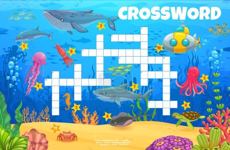 Illustration for Cartoon underwater landscape and animals crossword quiz game grid. Vector puzzle with whale, dolphin, seahorse, jellyfish and octopus. Shark, turtle, stingray or squid with crab or submarine worksheet - Royalty Free Image
