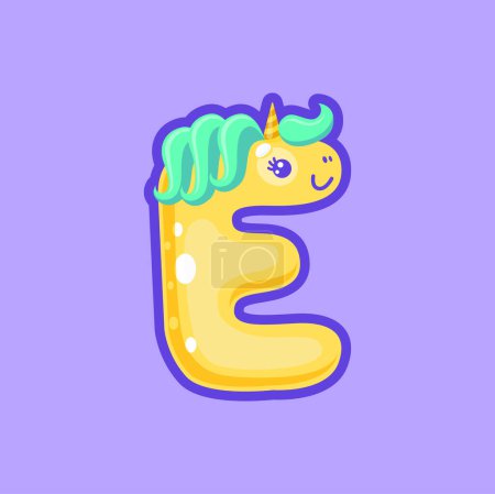 Illustration for E Letter unicorn font, girls typeface with funny unicorn animal, magic alphabet type. Vector ABC character, E letter animal in wig - Royalty Free Image