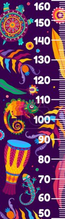Ilustración de Tabla de altura para niños, tambor brasileño, camaleón mexicano, tortuga y lagarto, medidor de crecimiento de vectores. Regla de medida alta bebé o carta de altura con aves de la selva tropical, animales, flores y tambores brasileños - Imagen libre de derechos
