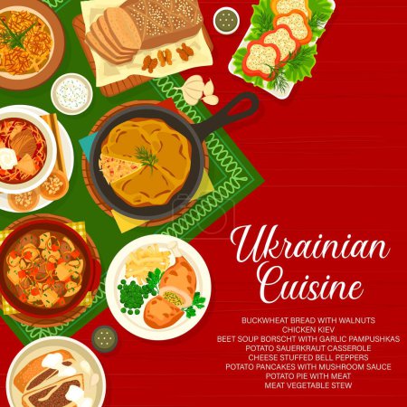 Illustration for Ukrainian cuisine restaurant menu cover page. Stuffed peppers, meat vegetable stew and buckwheat bread, potato pie with meat, sauerkraut casserole and Borscht with pampushkas, pancakes, chicken Kiyv - Royalty Free Image