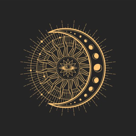 Illustration for Magic tarot occult esoteric sign with egyptian all-seeing eye in star with crescent moon and radiant sun rays inside of circle. Vector spiritual magic emblem, isolated alchemy, wicca or pagan symbol - Royalty Free Image
