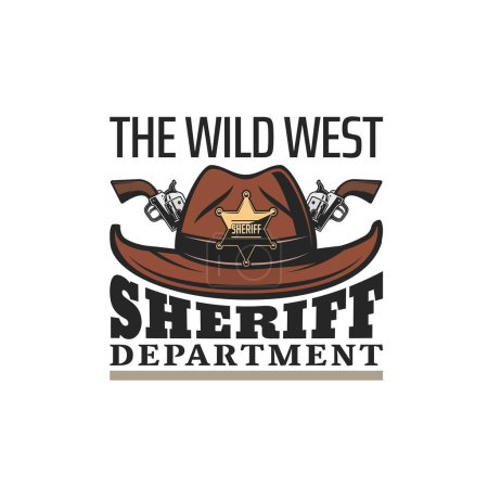 Téléchargez les illustrations : Icône ouest du département du shérif, chapeau de cow-boy et pistolets Wild West, emblème vectoriel. American Western icône de la police ou du département du shérif avec badge étoile dorée du Texas saloon et de l'Arizona - en licence libre de droit