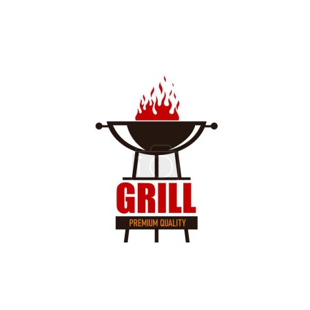 Illustration for BBQ grill icon. Barbecue steakhouse, meat roast beef party or beefsteak grill food market vector symbol. Steak grilling restaurant menu sign or icon with fire flame and grill crate - Royalty Free Image