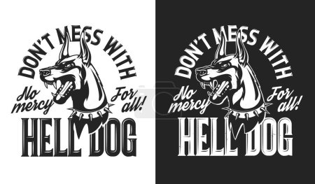 Illustration for Angry doberman dog mascot. T-shirt print with angry barking and showing fangs doberman, aggressive dog in collar with spikes. Clothing custom print, sport team animal mascot vector emblem or symbol - Royalty Free Image
