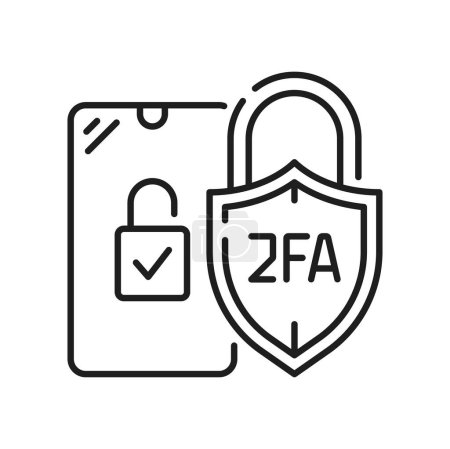 Illustration for 2FA two factor verification or 2 step authentication icon, vector mobile phone and padlock shield. 2FA password verification for access authorization, user secure identification and data privacy - Royalty Free Image