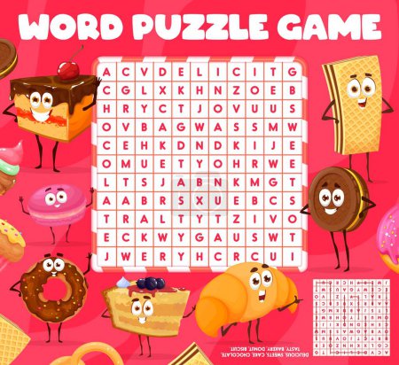 Illustration for Word search puzzle game. Cartoon bakery, sweets and dessert characters. Vector worksheet for kids recreation with delicious cake, chocolate, tasty donut and biscuit personages on crossword quiz grid - Royalty Free Image