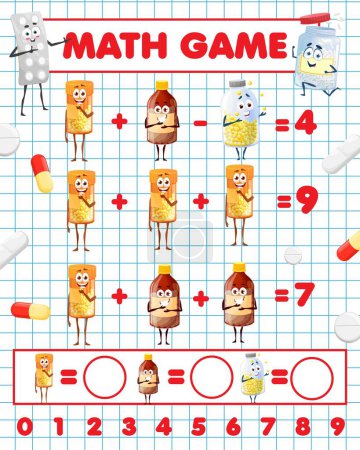 Illustration for Cartoon pills and capsule characters math game worksheet. Vector mathematics riddle for children education and learning arithmetic equations. Development of calculation skills, puzzle task with remedy - Royalty Free Image