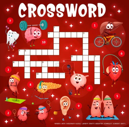 Illustration for Crossword grid cartoon human organ characters, quiz game. Find a word vector worksheet with kidneys, liver, stomach, bladder and lungs. Heart, tooth, pancreas, ear and brain anatomical personages - Royalty Free Image
