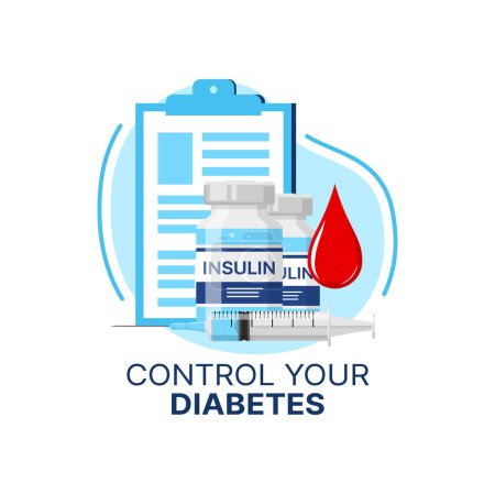 Illustration for Diabetes control icon of vector insulin injection, syringe and doctor clipboard with medical check up of blood sugar or glucose level test. Diabetes mellitus type diagnosis and treatment symbol - Royalty Free Image