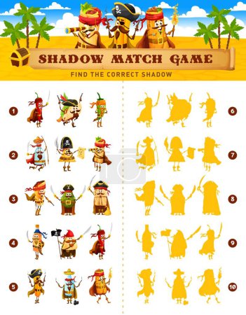 Illustration for Shadow match game. Cartoon mexican food pirates and corsairs on silhouette compare game or logical quiz. Preschool kids playing activity with find shadow task, vector riddle with burrito, taco, nacho - Royalty Free Image